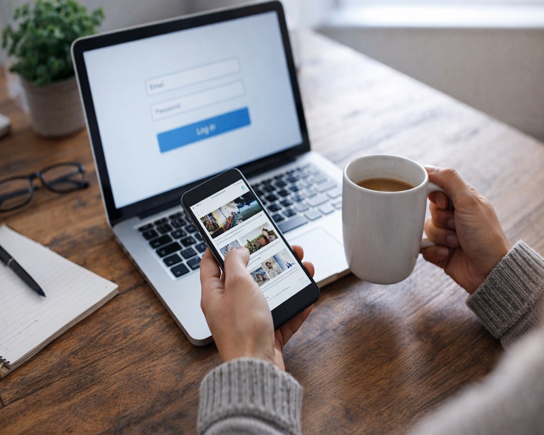 Open laptop on a clean wooden desk with notes and coffee